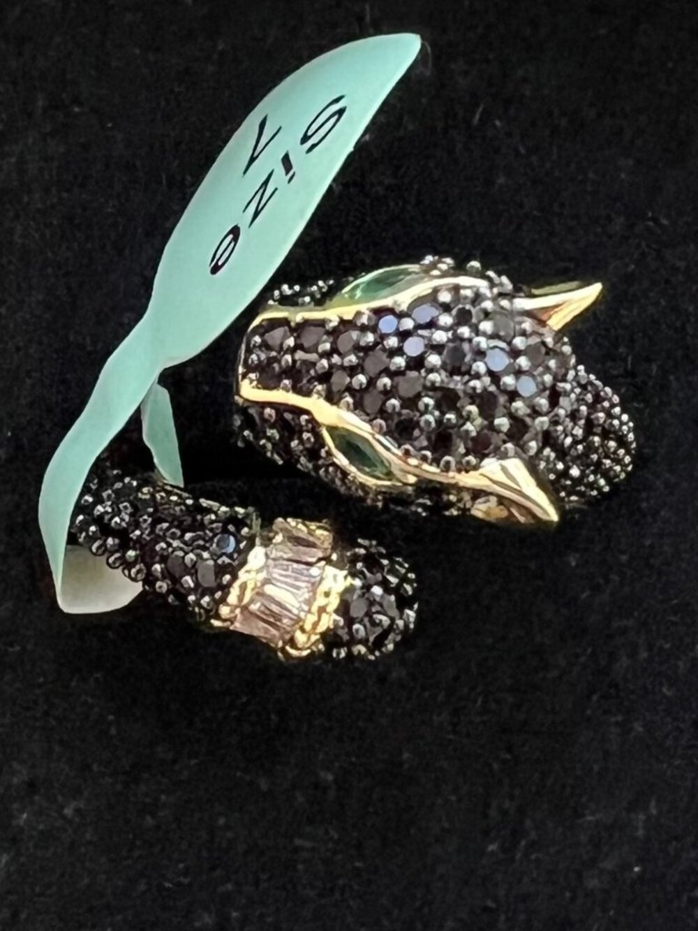 Jaguar Black Panther Leopard Ring Green Eyes Gold Tone Pave Crystal Wrap Size 7